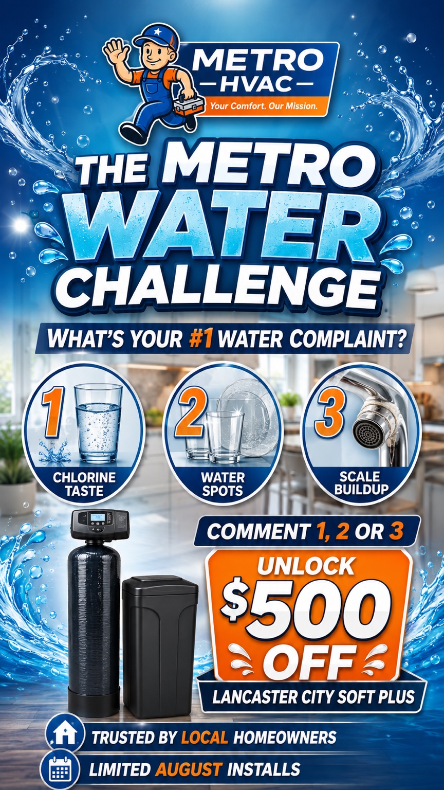 Metro Water Challenge: choose chlorine taste, water spots, or scale buildup and unlock an offer on Lancaster City Soft Plus