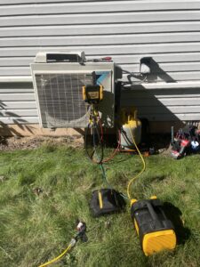 Daikin outdoor mini-split unit connected to service equipment during a Metro HVAC repair in Dillsburg, PA.
