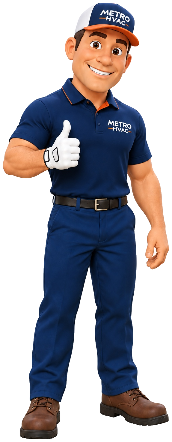 Oil Boiler Service in Camp Hill, PA: A Recent Metro HVAC Service Call 3 Metro HVAC technician mascot giving a thumbs-up.
