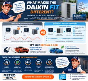 Metro HVAC visual explaining traditional on-off HVAC operation versus Daikin Fit inverter technology using simple comfort and driving analogies.