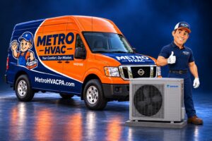 Metro HVAC branded service van with the Metro technician mascot and Daikin outdoor unit.