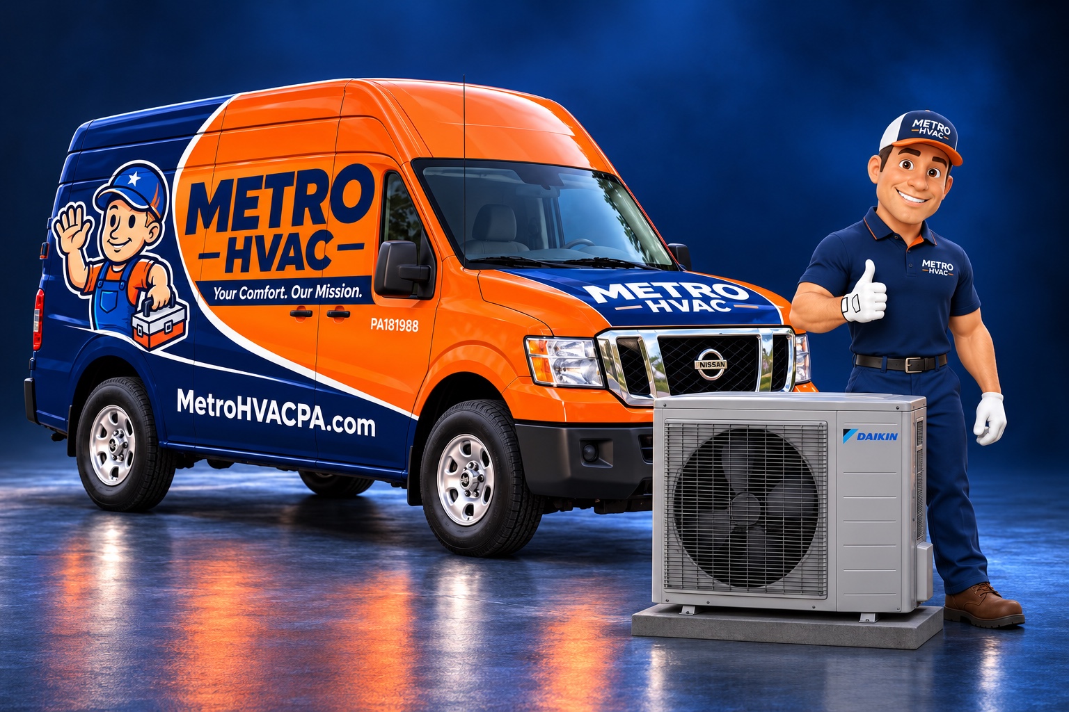 Metro HVAC branded service van with the Metro technician mascot and Daikin outdoor unit.