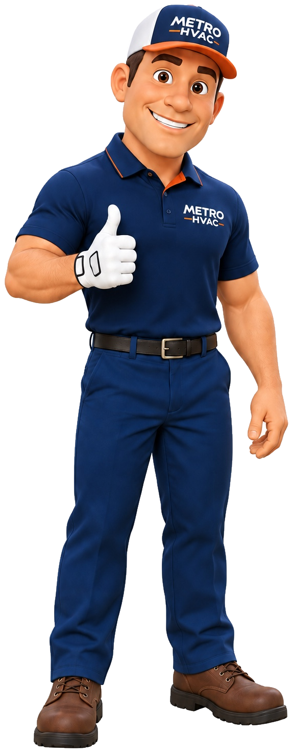 Approved Metro HVAC mascot illustrating steadier indoor comfort; promotional illustration, not a real technician photo